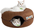 Peekaboo Cat Cave Donut for Multiple & Large Cats up to 30-45 lbs, 3-in-1 Self Warming Cat Bed, Tunnel & Scratcher for Indoor Cats, Washable & Detachable Small Dog Bed (Brown, Large)