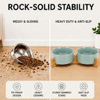 SPUNKYJUNKY Ceramic Dog and Cat Bowl Set with Wooden Stand, Modern Cute Weighted Food Water Set for Small Size Dogs (13.5OZ) & Medium Sized Dogs (28.7OZ) & Cats (3.6 Cups, 2 × Morandi Green)