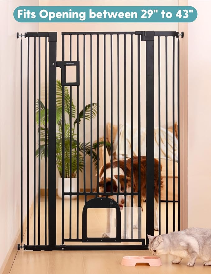 No Pawblems 55" Extra Tall Pet Gate with Cat Door, 29"-43" Dog Gate Indoor | NO Drilling Pressure Mounted for Doorways/Hallways, 1.37" Bar Spacing, One-handed Operation, Auto Close, Dual Lock, Black