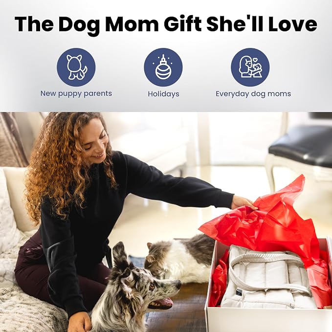 Rubyloo Puffer Dog Travel Bag for Dog Moms, Diaper Bag with Travel Bowls | 2 BPA-Free Collapsible Bowls, 2 Pet Food Containers, 9 Pockets, Everyday Puffer Bag Works With or Without Your Dog, Beige