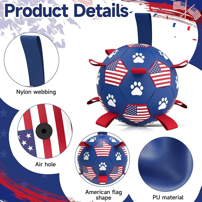 QDAN Dog Balls with Straps, Large Herding Balls for >90lbs Dogs, Soccer Toy | 9 Inch Soccer Ball for Dogs with Tabs for Outside Play, High Energy Dogs to Keep Them Busy, Interactive Tug Toy for Training