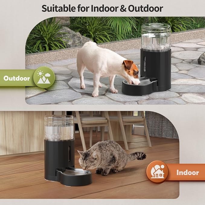 JUNSPOW Cat Water Dispenser with Filter and Stainless Steel Bowl (4L Black) | Automatic Gravity Water Dispenser for Cats or Small Medium Size Dogs, Large Capacity, Easy to Clean