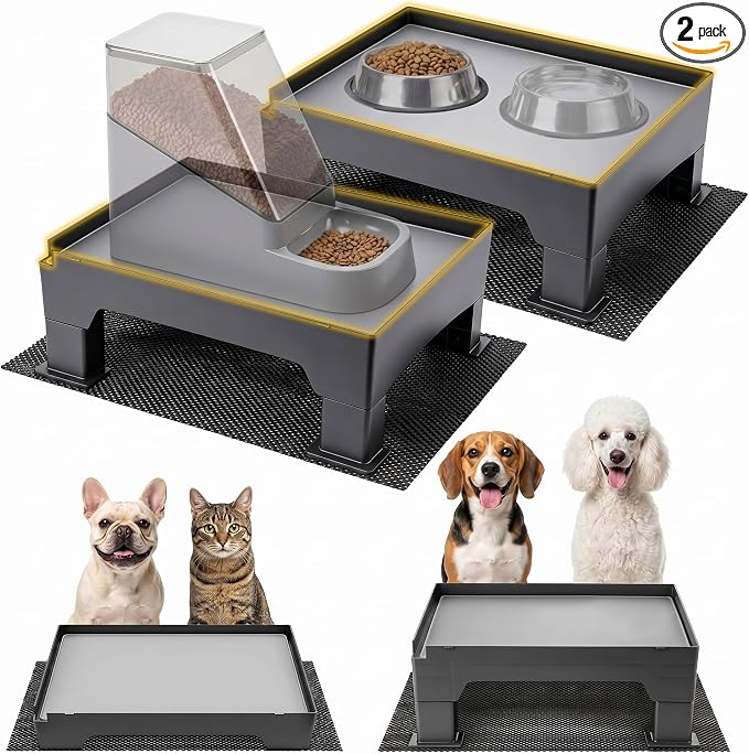 Elevated Dog Bowl Stand and Waterproof Non Slip Mat,2 Set,No Absorbent Pad | Reduce Neck, Joint and Spinal Strain, Sturdy Legs, Easy Clean Silicone Pet Food Mat, For Small & Medium Dogs, Cats
