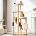 Modern Solid Wood Cat Tree for Indoor Cats Up to 15lbs, 60" Tall & Wide Cat Tower with Scratching Posts, Scratcher & Self-Grooming, Large Cat Beds, Capsule Nest, Multi-Level Cat Furniture