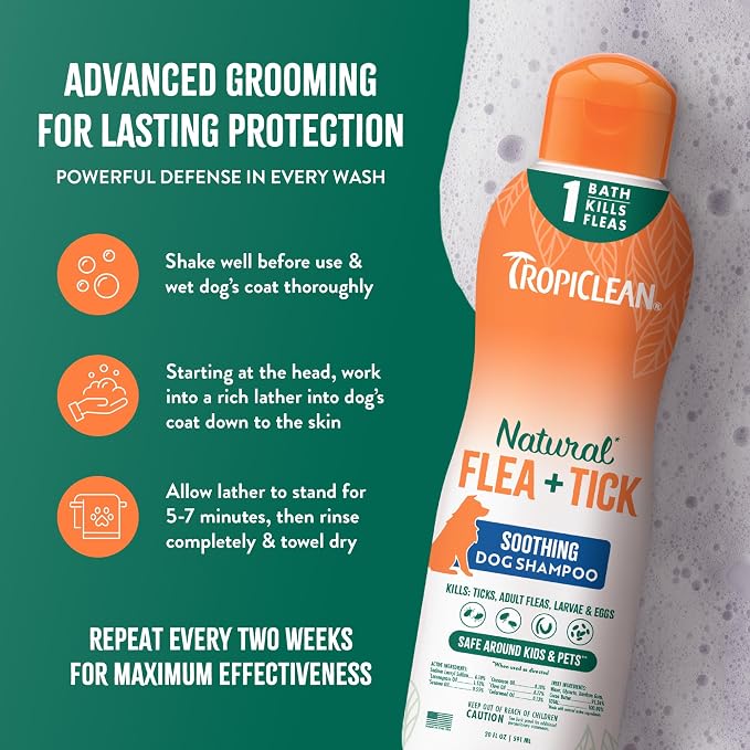 TropiClean Soothing Flea and Tick Shampoo for Dogs, Powerful & Natural Defense, for Large & Small Dogs, Made in USA, 20oz | Soothing Formula | Powerful & Natural Defense | For Large & Small Dogs | Made in USA