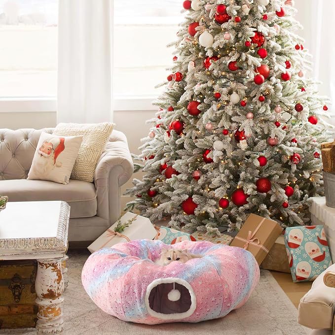 Under Christmas Tree Large Cat Tunnels Bed Tube for Indoor Cats Glows in The Dark Cat Tunnel with Cushion and Plush Ball Toy Longer Playground Toys for Dog Puppy Kitten Rabbit Pet Rainbow