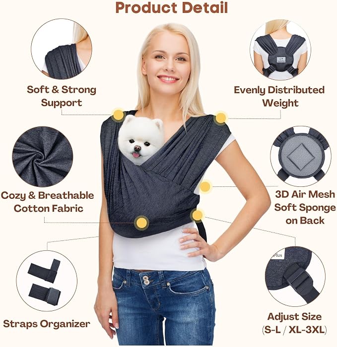 AnccoPlus Dog Carriers for Small Dogs, Front Facing Cat Carrier, Hands Free Dog Carrier, Size Adjustable Pet Carrier, Reducing Back Pain, Soft Cotton, Safe Small Dog Carrier (Plus, Charcoal Black) | Patented Front Carrier Reduces Back and Neck Strain; ...