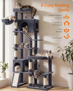 Feandrea Multi-Level Cat Tree for Large Cats, 79.5 inch Tall Cat Tower with 6 Resting Areas and Sisal Scratching Posts, 41.3 x 17.7 x 79.5 inch, Dark Gray Clawfy Collection UPCT020G201
