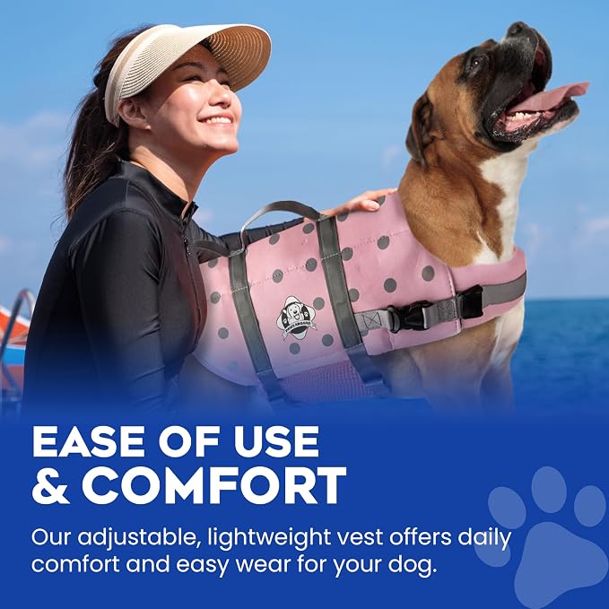 Dog Life Jacket — Premium Swim Vest with SafeChin Anti-Choke Collar | PAWS Aboard Pink | RapidLift Rescue Handle, D-Ring, Reflective Trim | Boating, Kayaking, Pool | X-Large (80–110 lbs)