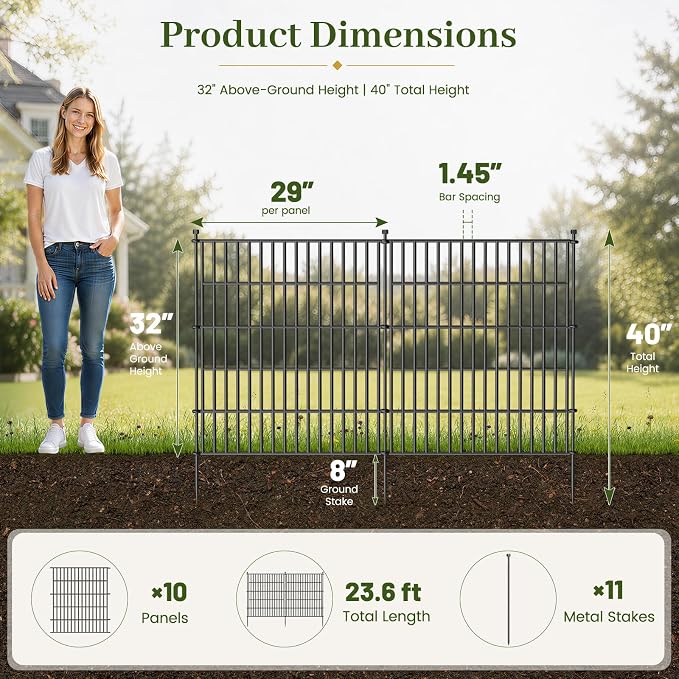 No Dig Garden Fence Outdoor for Yard, 32in (H) x 23.6ft(L) | 10 Panels with Gate Animal Barrier Fence, Rustproof Metal Temporary Dog Fence, Decorative Fencing for Patio, Flower Bed