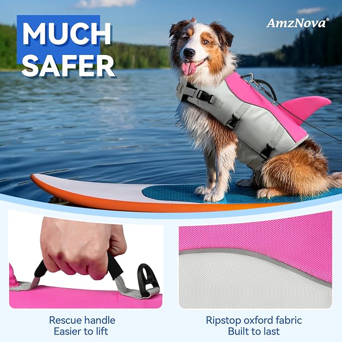 AMZNOVA Dog Swim Vest Shark Dog Life Jacket Life Vest | Lifejacket with Shark Fin & Handle for Boating & Swimming, High Visibility Adjustable for Doggy Cat Puppy, XL, Pink