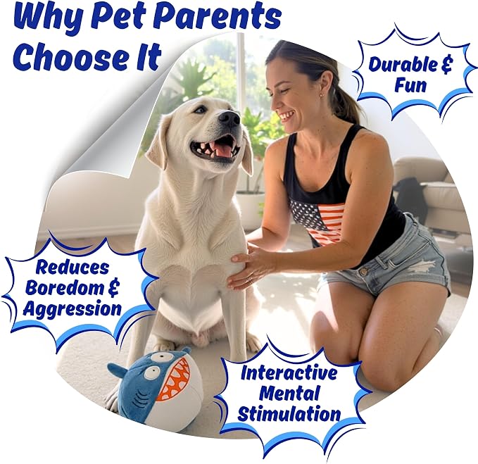 Sharky 3 in 1 Plush Shark Dog Chew Toy with Squeaky Ball Inside for Aggressive Chewers, Super Interactive No Stuffing, Strong Tough Heavy Durable, Birthday Gift Box for Small & Large Breed