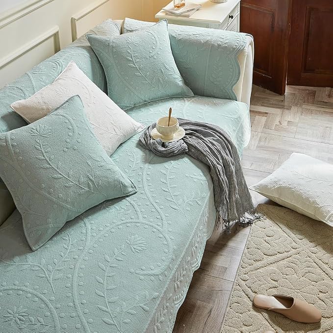 Leaf Floral Cotton Quilted Dog Couch Cover for Sofa Farmhouse Rustic Embroidered Sectional Couch Cover Soft Anti-Slip Sofa Slipcover Furniture Protector for Kids, Pets (Blue,28"x28")