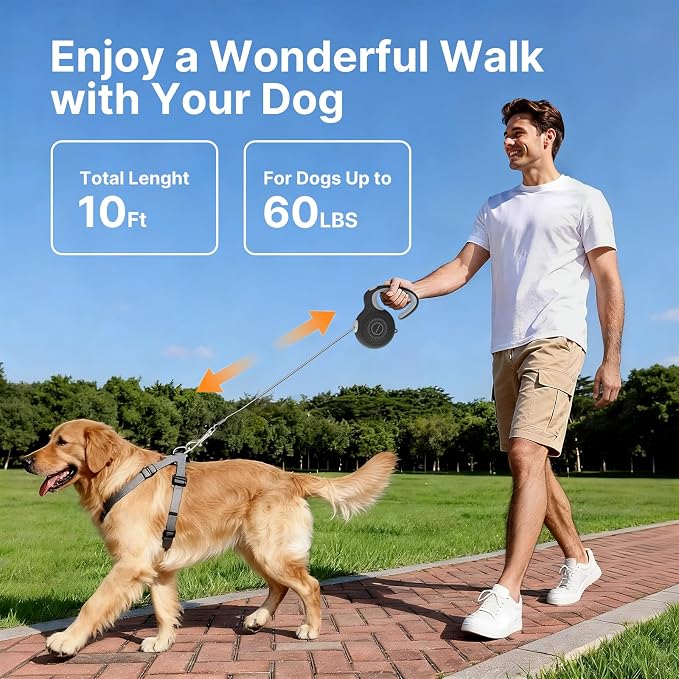 Retractable Dog Leash, 10Ft Nylon Tape, 360° Tangle-Free, Ergonomic Lightweight Handle for Small & Medium Dogs (Black)