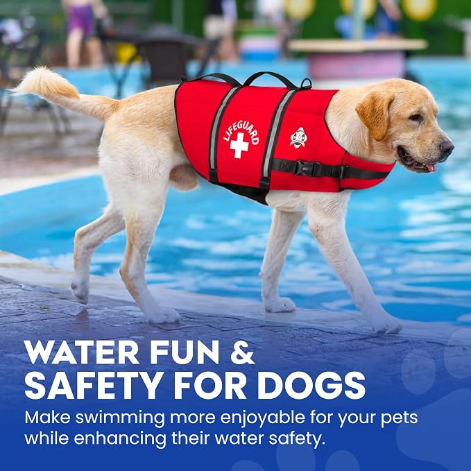 Dog Life Jacket — Premium Swim Vest with SafeChin Anti-Choke Collar | PAWS Aboard Red | RapidLift Rescue Handle, D-Ring, Reflective Trim | Boating, Kayaking, Pool | X-Large (80–110 lbs)