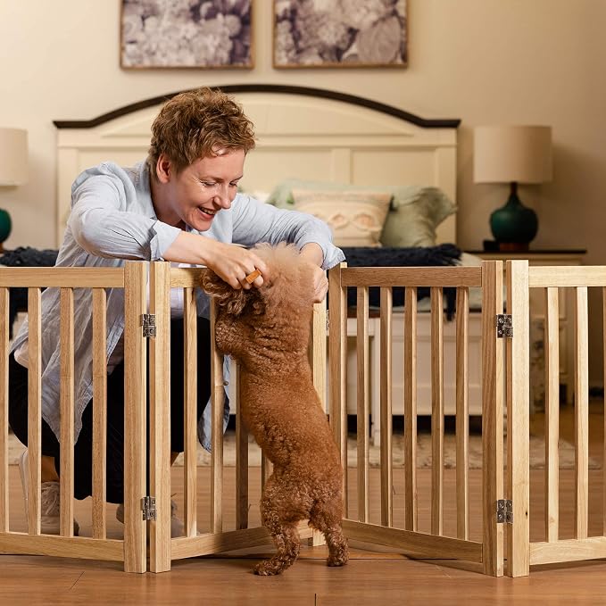 LZRS Wooden Free Standing Foldable Dog Gate Indoor – 80" W x 24" H, Extra Wide Step-Over Safety Pet Gate for Doorways, Stairs, Hallways, Large Spaces & Playpen for Puppies Indoor Use, Natural