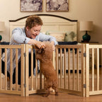 LZRS Wooden Free Standing Foldable Dog Gate Indoor – 80" W x 24" H, Extra Wide Step-Over Safety Pet Gate for Doorways, Stairs, Hallways, Large Spaces & Playpen for Puppies Indoor Use, Natural