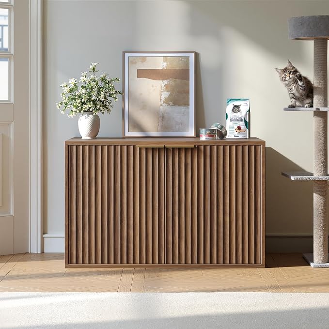Evermagin 31.5" Cat Litter Box Enclosure Furniture | Walnut Hidden Litter Box Cabinet, Modern Indoor Cat House, Fluted Kitty End Table for Living Room, Bedroom, Entryway