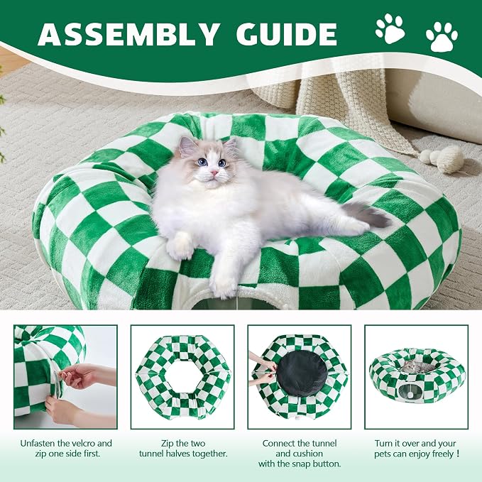 Cute Round Cat Tunnel for Indoor Cats, Green/White | Peekaboo Cat Cave with Dangling Balls, Checkered Pet Donut Tunnel Bed with Circle Mat for Puppy Kitten Rabbit