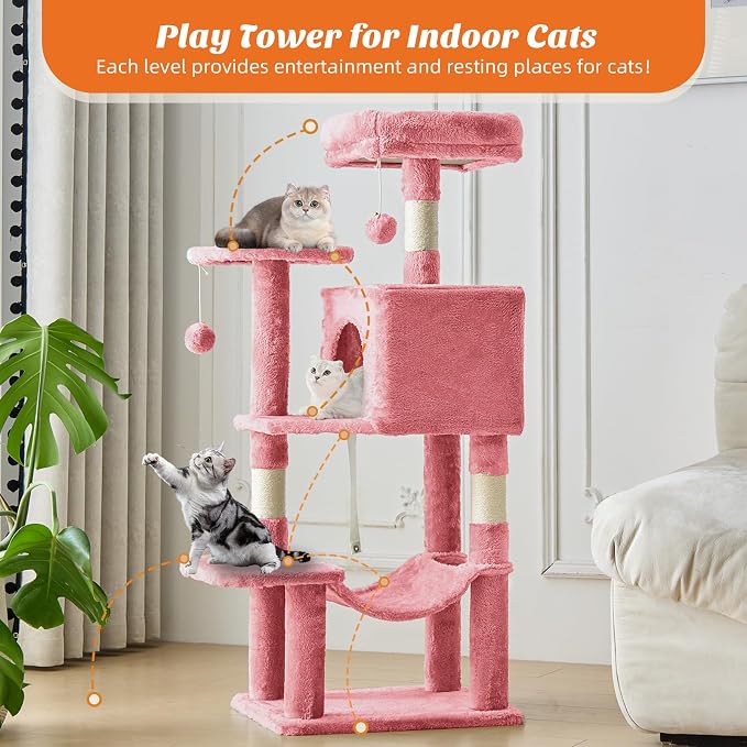 DUMOS Small 44 Inch Cat Tree Tower with Natural Sisal Scratching Posts | Cat Tree with Hammock, Pet Condo for Indoor Cats and Kittens Play, Pink