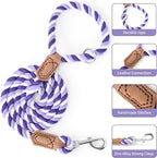 Mile High Life Rainbow Dog Leash Braided Cotton Rope w Leather-Wrapped Ends | Rust-proof 360° swivel clasp, Heavy-duty for medium/large breeds. Great for weddings, daily walks (5FT, 1/2", Purple)
