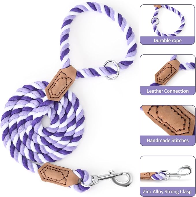 Mile High Life Rainbow Dog Leash Braided Cotton Rope w Leather-Wrapped Ends | Rust-proof 360° swivel clasp, Heavy-duty for medium/large breeds. Great for weddings, daily walks (4FT, 1/2", Purple)