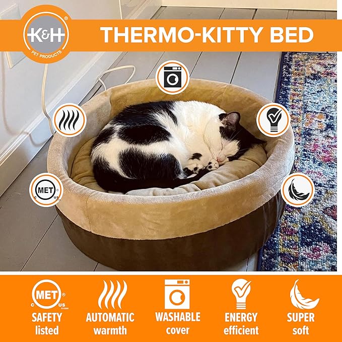 K&H Pet Products Thermo-Kitty Bed Heated Cat Beds for Indoor Cats & Dogs, Calming Warming Pillow Pet Bed, Machine Washable, Removable Heater, Safety Listed - Small 16" Round Mocha/Tan