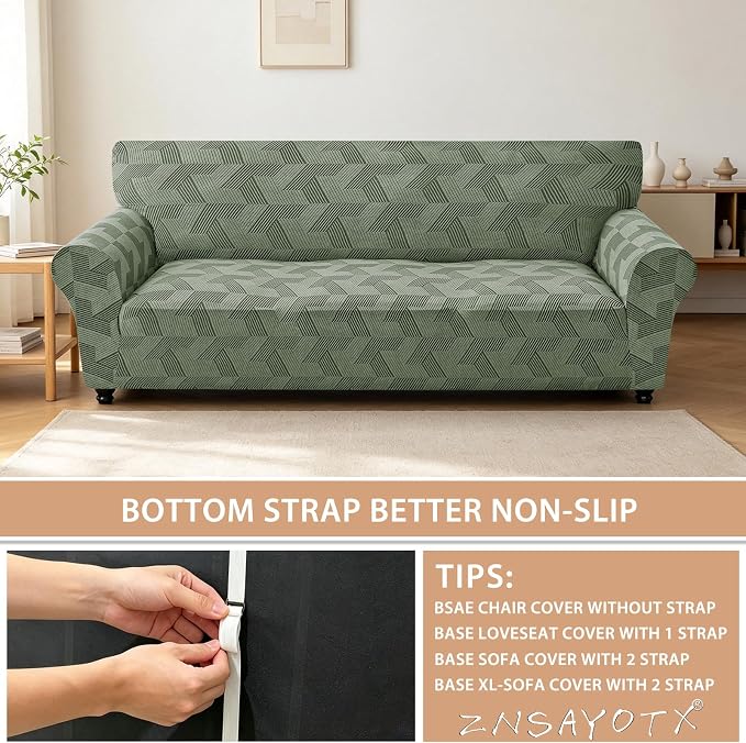 ZNSAYOTX Stretch Oversized Couch Covers for 3 Cushion Couch, 1-Piece Extra Large Sofa Cover Slipcover, Furniture Protector with Elastic Bottom Geometrical Jacquard Fabric (X-Large, Army Green)