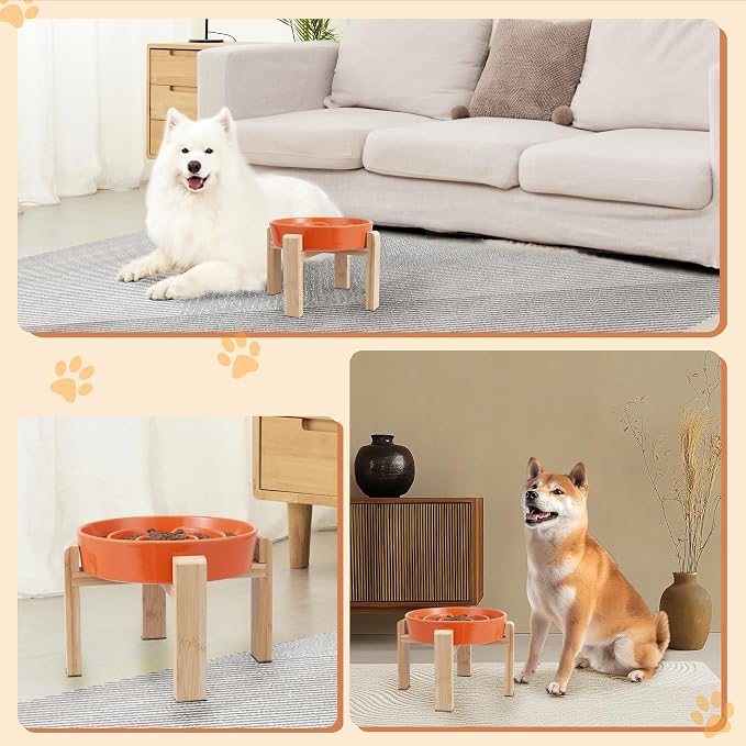 Elevated Slow Feeder Dog Bowl, 8.8" Ceramic Maze Dog Bowl with Stand | 3.2 Cups Slow Feeding Dog Dish for Fast Eaters, 7" Tall Anti-Slip Raised Slow Feeder for Medium to Large Breeds, Orange