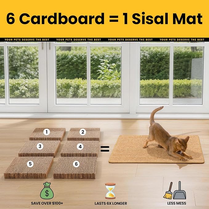 Conlun Cat Scratching Pad, 27.5x35.4in Sisal Mat Couch Protector | Indoor Cat Scratcher Mat, Mess-free, Anti-slip Backing, Hook&Loop Tape for Furniture Door Wall, Brown