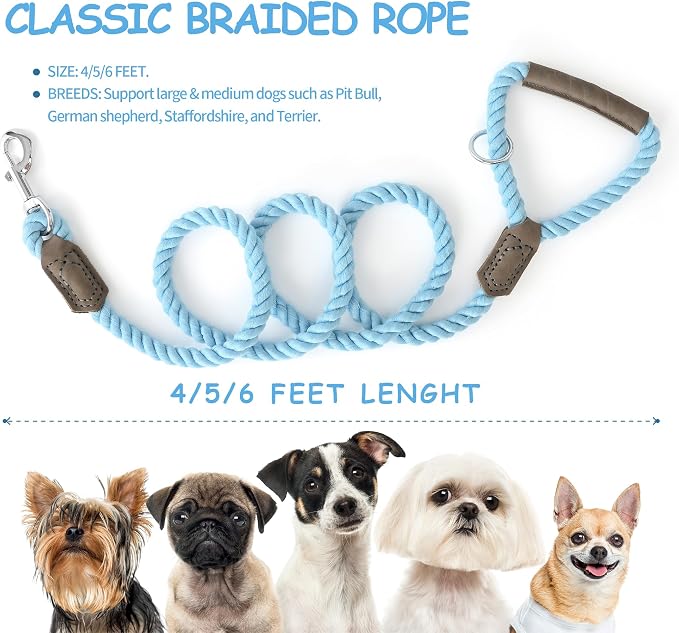 Mile High Life Dog Leash Braided Cotton Rope w/Leather-Wrapped Ends/Handle | Rust-proof 360° swivel clasp, Heavy-duty for medium/large breeds. Great for weddings, daily walks (5 FT, 1/2", Sky Blue)