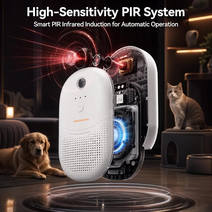 Meowant Cat Litter Odor Deodorizer, Negative Ion Air Purifier with Odor Deodorant Gel, 3 Auto Modes Pet Odor Eliminator with Sensor Monitor, Rechargeable Wireless Odor Remover for Multi-Pet 2pcs