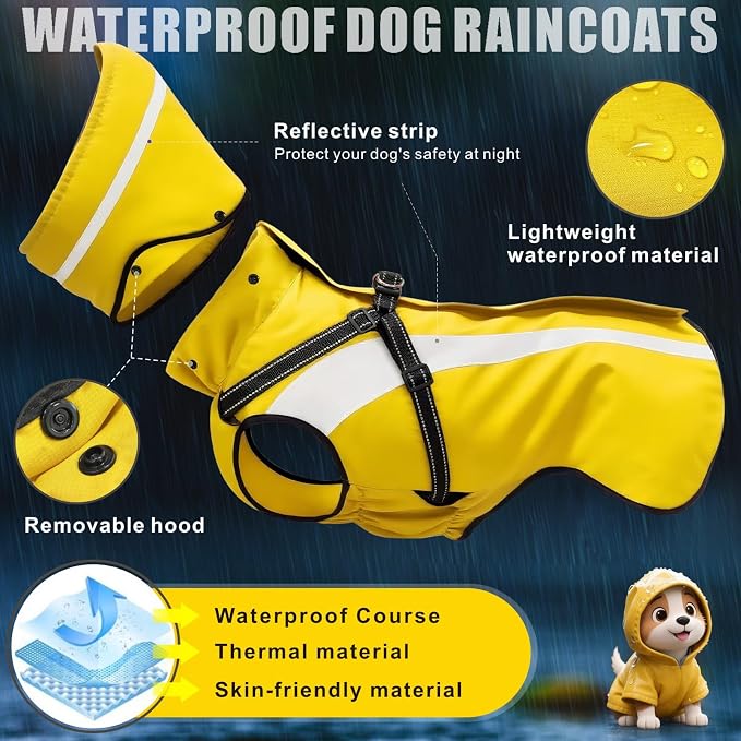 Dog Raincoat Waterproof Raincoats for Dog Reflective Dogs Rain Jackets with Hood Hoodie Pet Rain Poncho Coat for Small Medium Large Dogs Puppies S-XXL (Yellow, L)