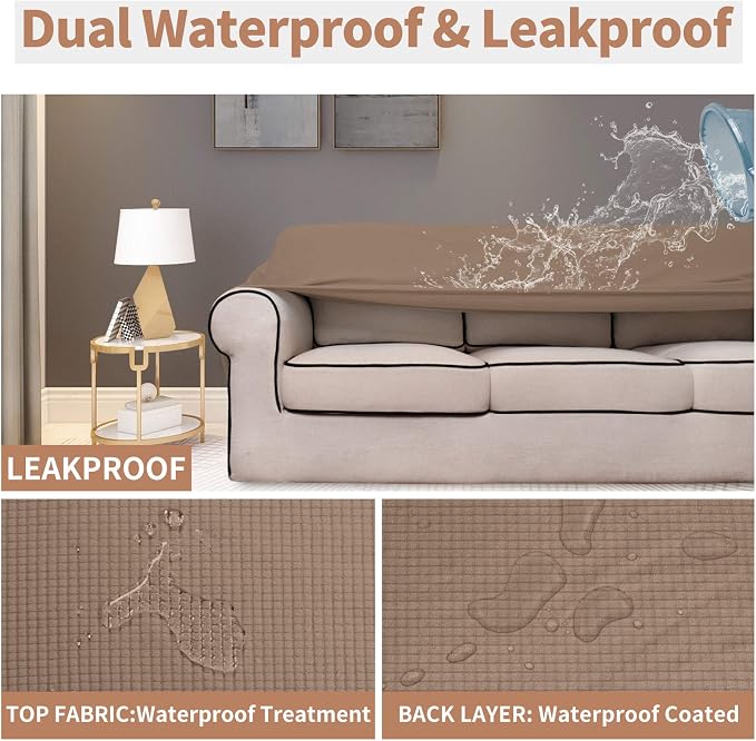 Easy-Going 100% Waterproof Couch Cover, 3 Cushion Oversized Sofa Cover | Leakproof Sofa Slipcover, Stretch Jacquard Furniture Protector Against Stain Spill from Kids, Pets, Dog, Camel