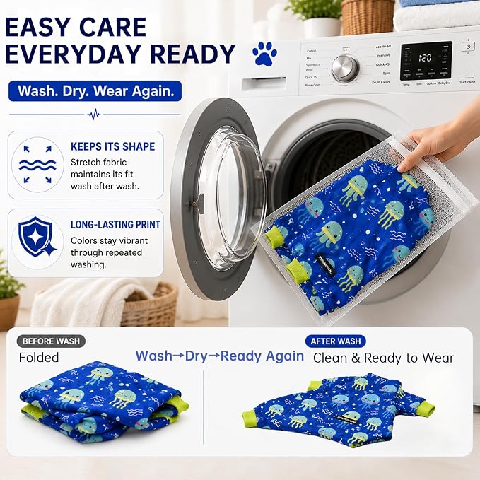 Dog Pajamas for Small to Medium Dogs, Soft Stretchy Lightweight Dog Onesie, Blue Jellyfish Print, Breathable Full Body Dog PJs for Recovery, Sleeping & Calming (Large, 20–30 lbs)