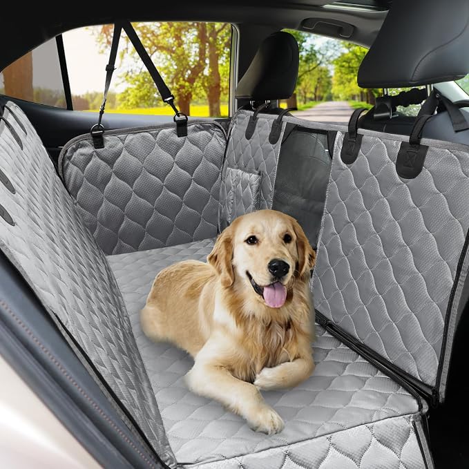 PETICON Dog Car Seat Cover for Back Seat, Waterproof Dog Hammock for Pets | Zippered Design Allows Passenger Seat Access, Mesh Window for Pet View, 600D Oxford, Prevents Scratches, Hair, Mud, and Dirt