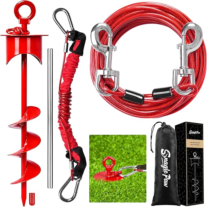 Snagle Paw Dog Tie Out Cable and Stake with Lock-Cap,Heavy Duty 20FT Dog Yard Leash & Stake with Shock Absorbing Bungee Tether,Rust Proof Ground Anchor for Yard, Beach, Camping & Outdoor,up to 360 Lbs