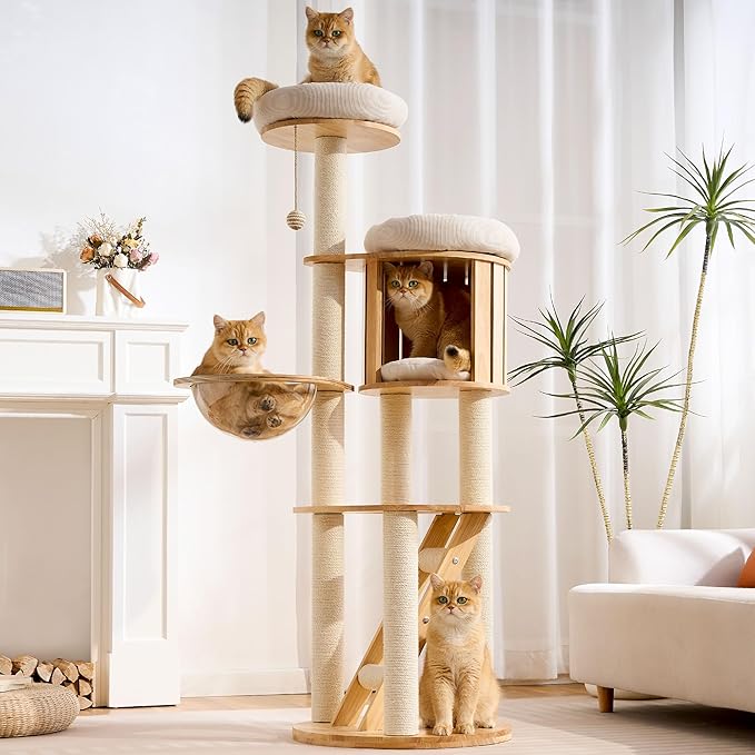 HITTITE Solid Wood Cat Tree Tower with Scratching Post, 61 Inches Tall Cat Towers with Capsule and Condo, Modern Cat Tower with Hammock and Removable Top Bed for Indoor Cats.White