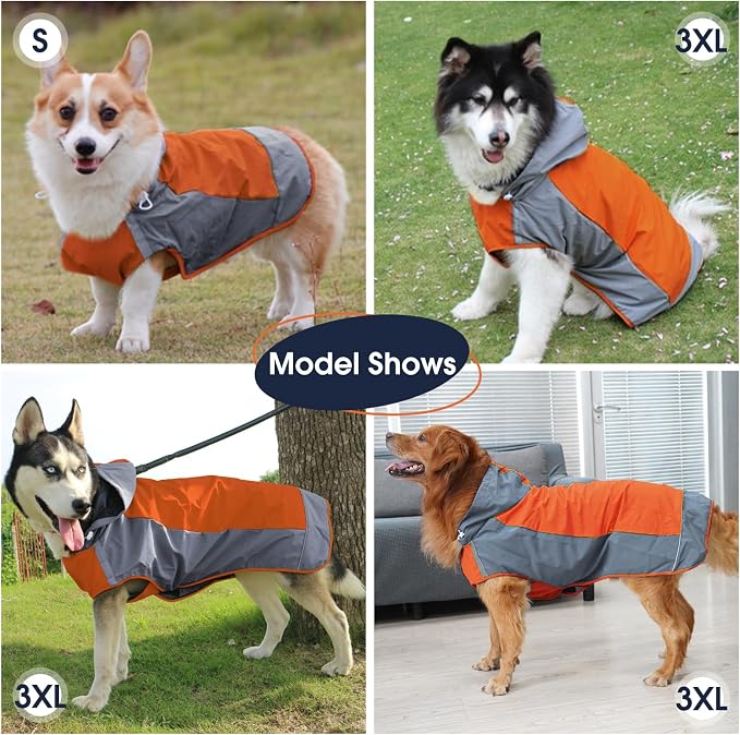 IECOii Hooded Dog Raincoat,Reflective Large Dog Rain Poncho,Ensure Safety in Low - Light Conditions, Adjustable Fit with Magic Sticker,Lightweight Waterproof Pet Rain Coat,Orange,XXL
