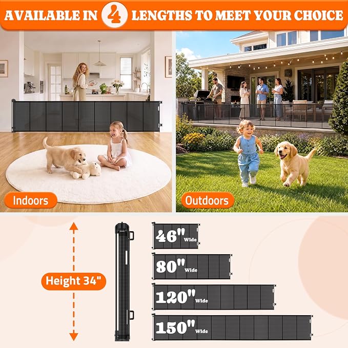 Pawtners Retractable Baby Gates, 34" Tall Extends to 120" Wide Dog Gate | 6 FT Gate with Reinforced 8 Supporting Rods to Prevent Crawling for Stairs Hallways Indoor Outdoor Open Spaces