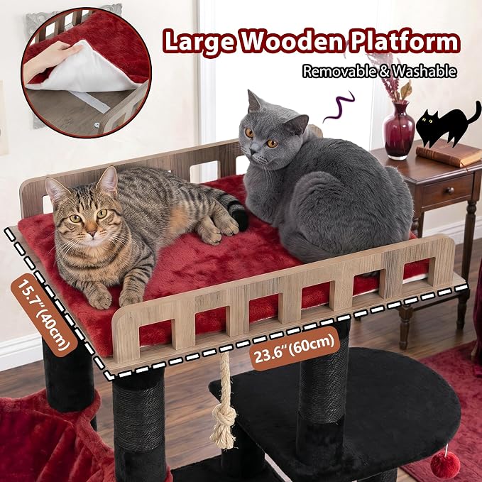 Gitelsnour Cat Tree, Sturdy Cat Tower with 2 Spacious Cat Condos GCT029BR | 60" Stable Base Cat Furniture for Large Cats with Wide Top Perch, Cozy Cat Basket, Sisal Scratching Posts & Toys, Black & Red