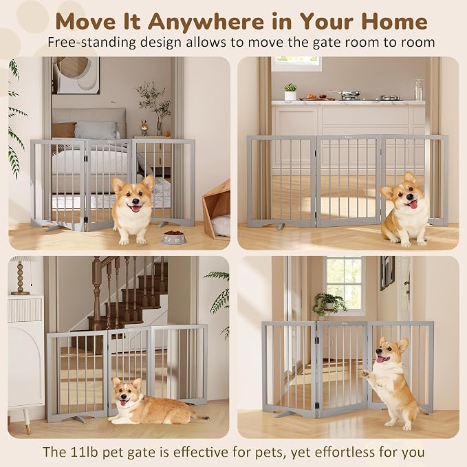 Free Standing Dog Gate Indoor, Foldable Dog Gate for Doorways Stairs | 3-Panel Freestanding Pet Gate with Support Feet for Stability, Folding Puppy Gate Easy to Move, Doggy Gate 54"x24", Grey