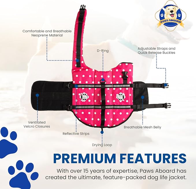 Dog Life Jacket - Swimming Vest for Dogs, Adjustable, Reflective, Comfortable, Multiple Colors, Patterns, XX-Small to Extra Large Dog Swim Vest with Handle (Pink Polka Dot, Large)