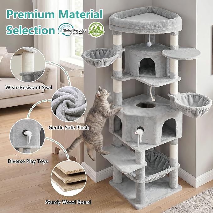 Cat Tree, 81.1" Skyward Corner Cat Tower for Large Cats VCT031W | Space-Smart Cat Furniture with Diamond Hideout, Grand Platform, Firm Base, 3 Soft Hammock & Pet Relax Station, Light Gray