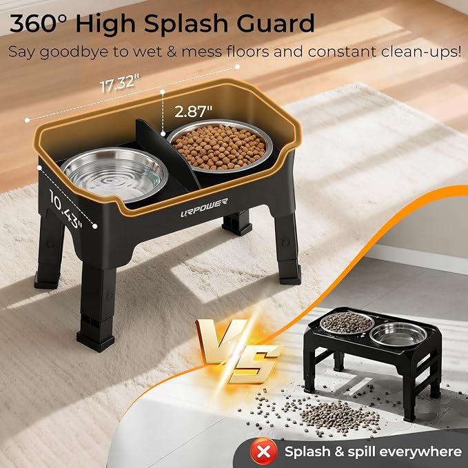 URPOWER Mess Proof Elevated Dog Bowls, Splash Guard Raised Bowl Stand | 4 Height Adjustable Raised Stand with 2 Stainless Steel Food Bowls & Licking Plate for Small, Medium & Large Dogs