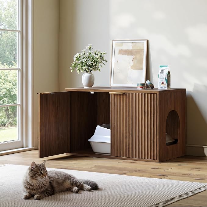 Evermagin 31.5" Cat Litter Box Enclosure Furniture | Walnut Hidden Litter Box Cabinet, Modern Indoor Cat House, Fluted Kitty End Table for Living Room, Bedroom, Entryway