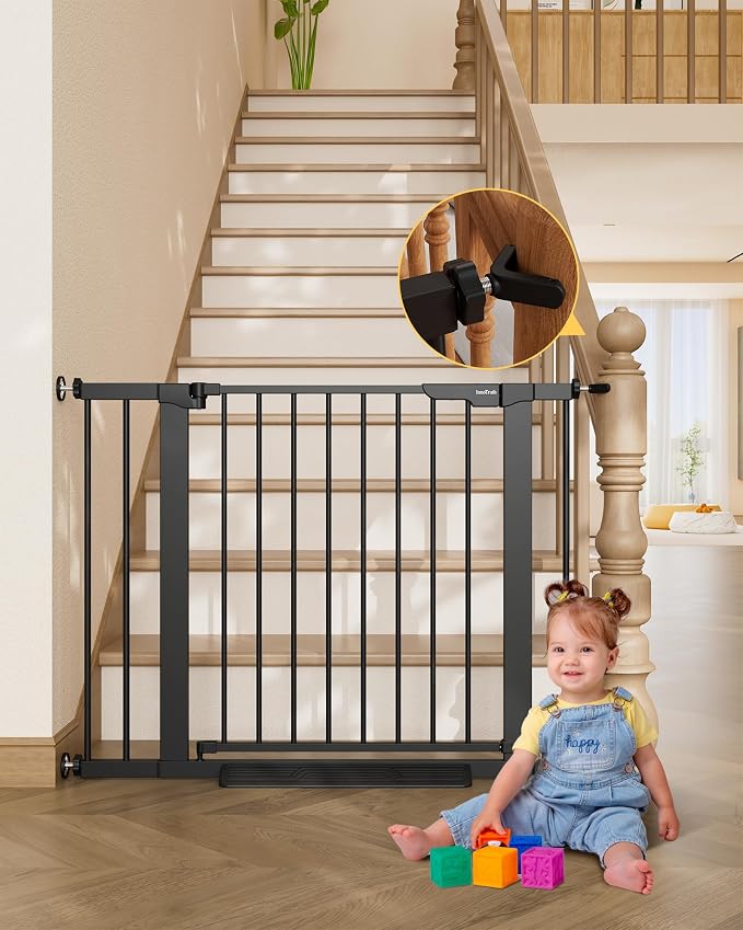 InnoTruth 29.6-39.1 in Wide Baby Gate for Stairs and Doorways, Black | Indoor Metal Dog Gate for Pets, Auto Close 2 Way Swing Walk Through Door, Double Lock & Y-Bolts, Pressure or Hardware Mount