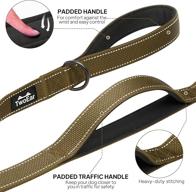 Twoear 6FT 1IN Heavy Duty Dog Leash for Large Dogs with 2 Padded Handles | Traffic Handle Extra Control, Auto Lock Hook, Strong Reflective Walking Leash for Night Safety, Medium and Large Breeds,Brown