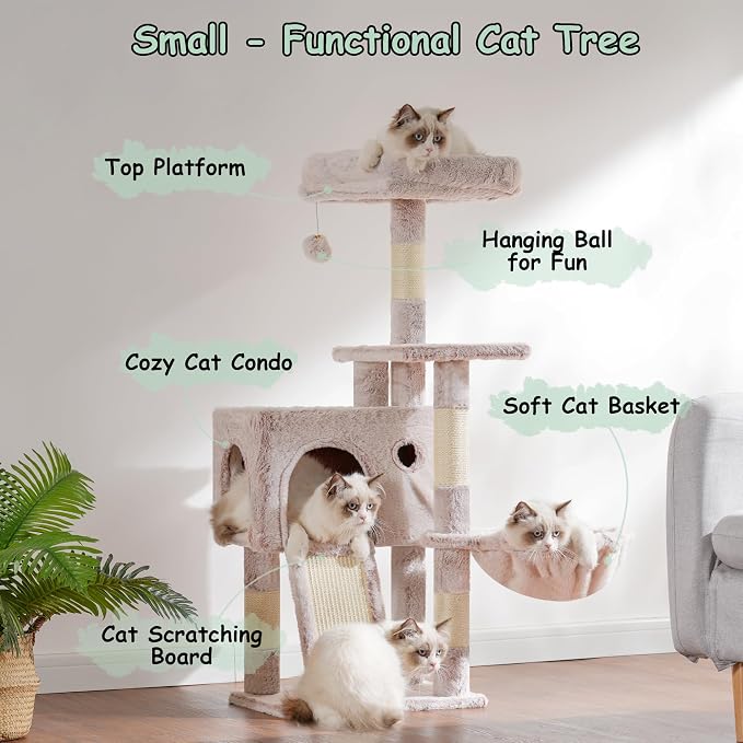 Gitelsnour Cat Tree Tower 42'' with Condo, Indoor Scratching Post GCT005SMU | Cat House for Small and Kittens, Soft Basket, 2 Large Platforms, Scratching Board, Multi-level, Toy, Mushroom