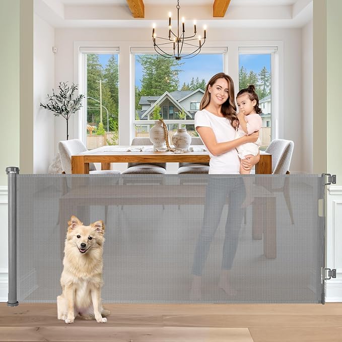 65" Wide Retractable Gate Stair Gates for Kids or Pets, Indoor/Outdoor/Gray | Retractable Dog Gate for Doorways/Stairs, Easy One-Hand Operation Safety Lock, Scratch-Resistant Mesh Baby Gate, Easy Install